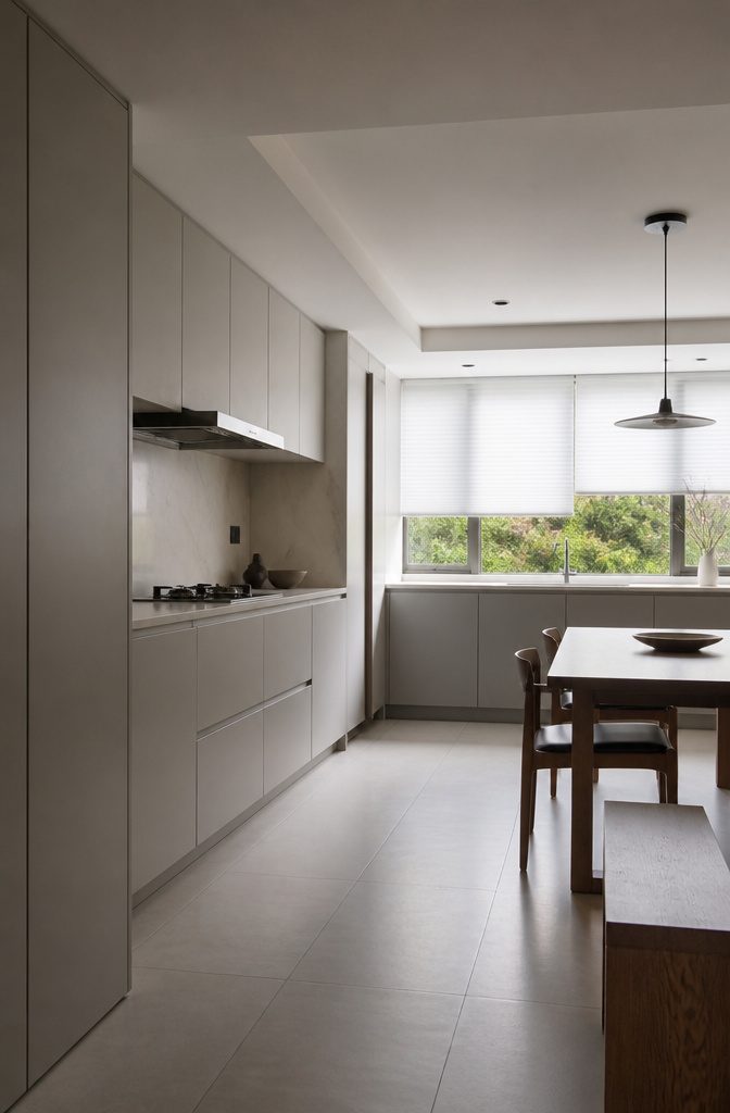 Modern minimalist kitchen with flat-panel cabinets and a sintered stone countertop.