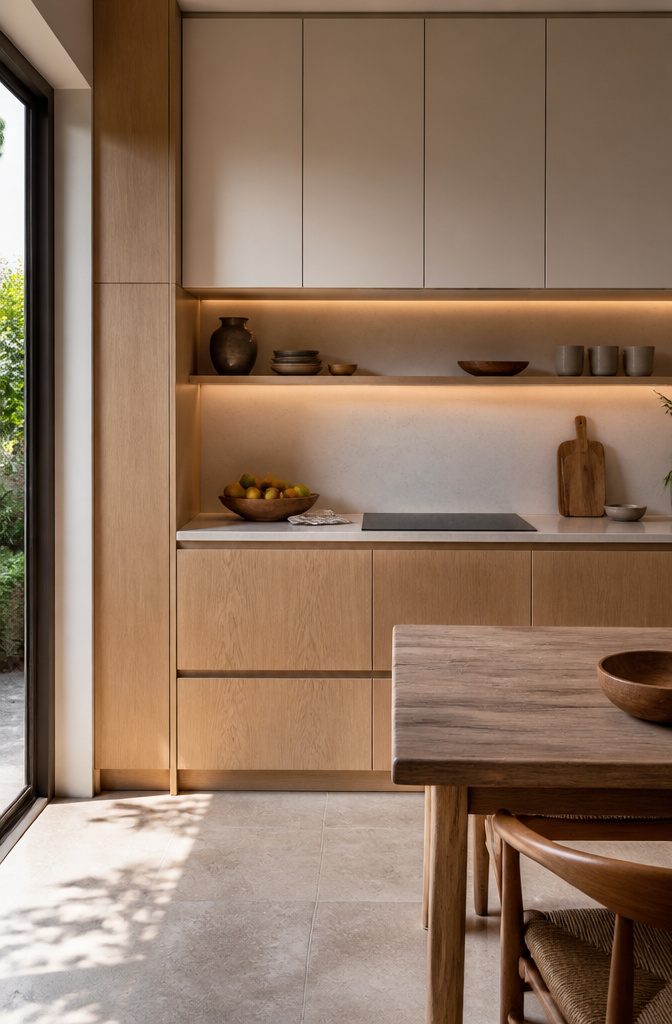 Natural wood kitchen featuring lighter oak cabinets and a quartz countertop.