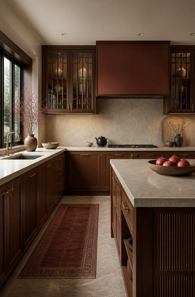 New Chinese style kitchen highlighting walnut cabinets and traditional lattice designs.