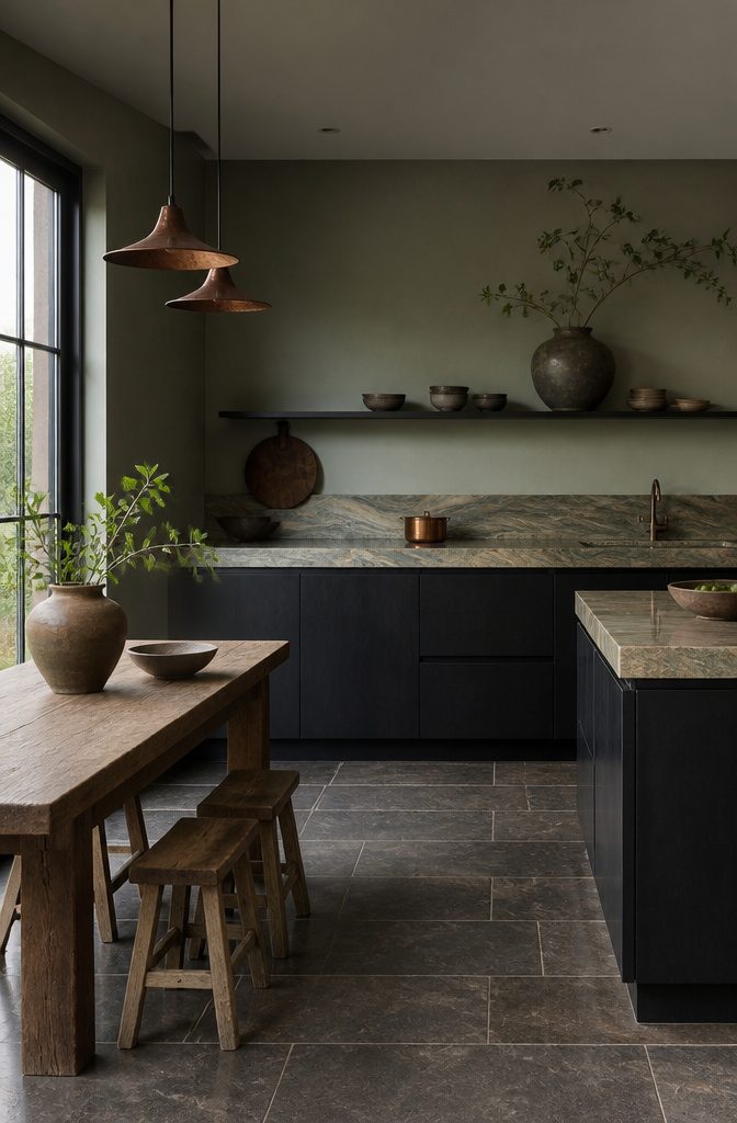 Wabi-sabi kitchen showcasing jade green walls and black cabinetry.