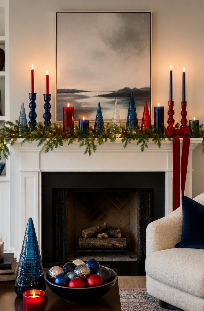Mantel arranged with colorful decorations and candleholders.