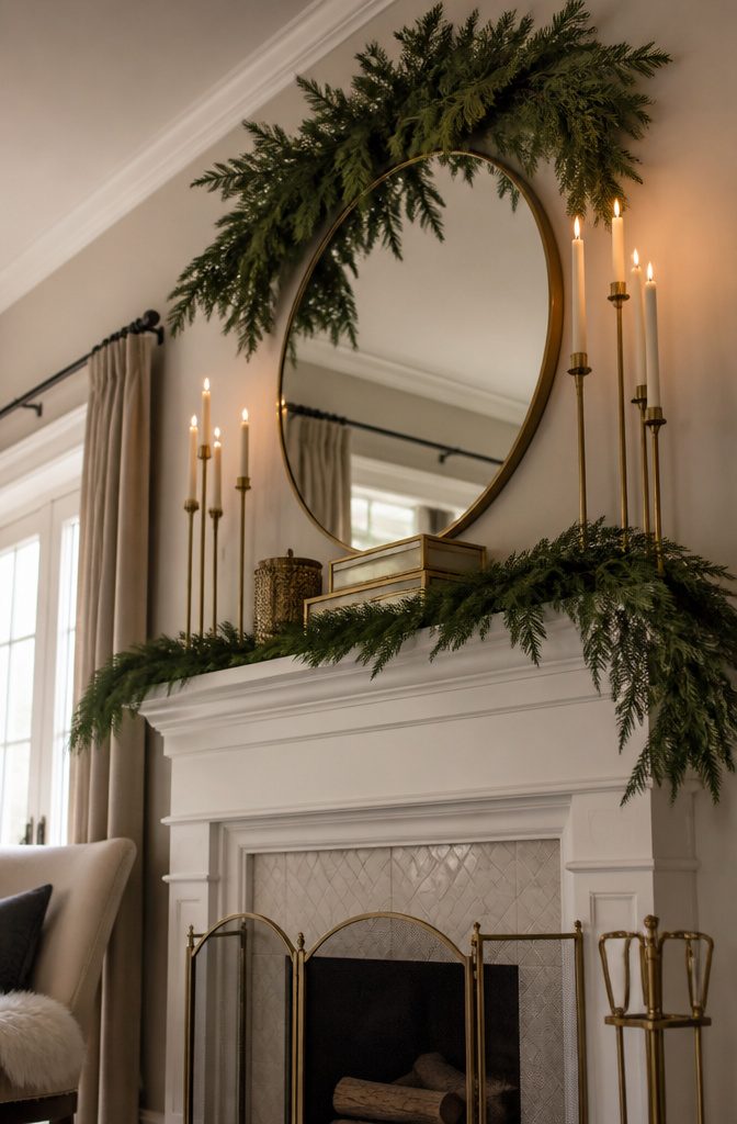 Mantel display with mirror, garland, and tall candlesticks.