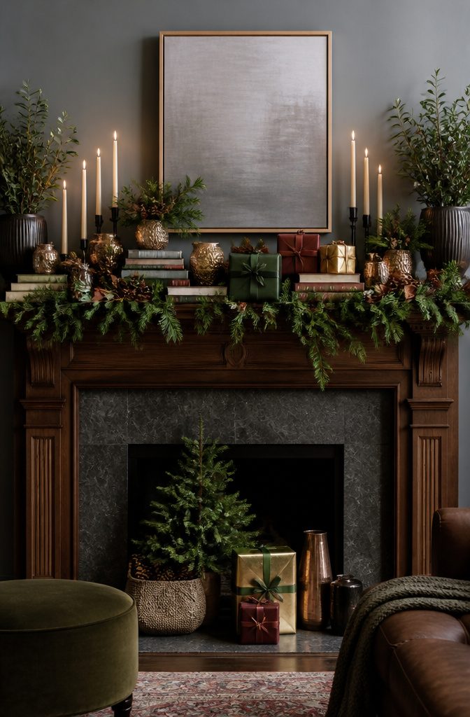 Mantel filled with books, candles, and decorations.