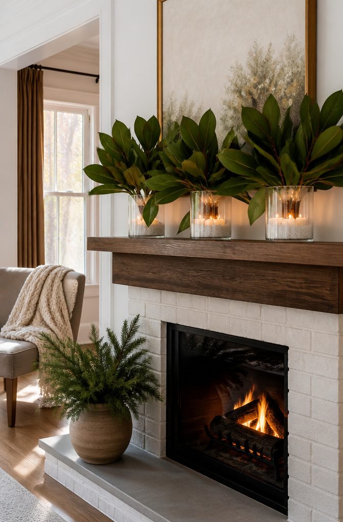 Mantel decorated with magnolia leaves in glass vases.