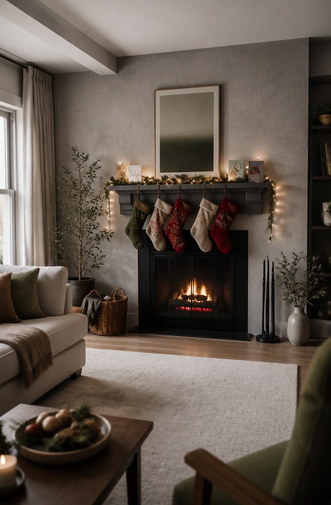 Shelf holding stockings and garland for Christmas decor.