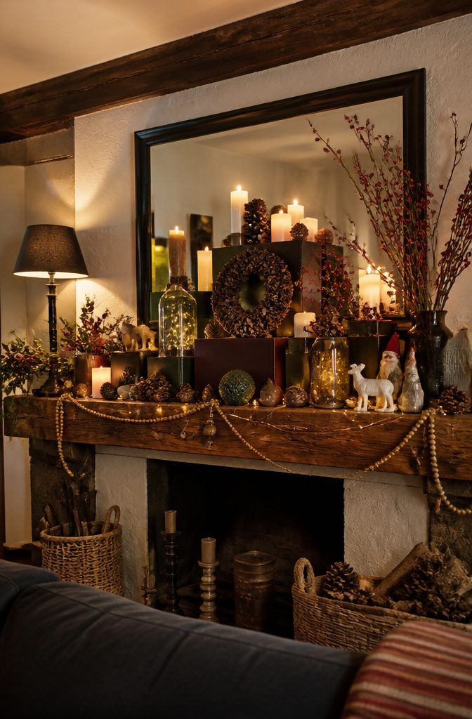 Colorful mantel display with various decorative items and a mirror.