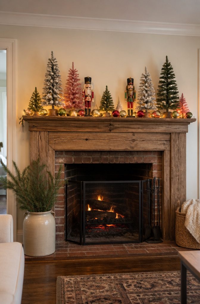 Mantel adorned with colorful Christmas trees and decorations.