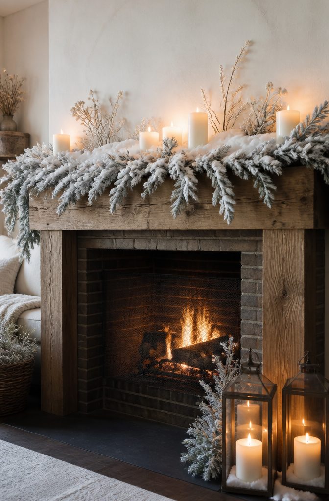 Mantel decorated with white garland and candles.