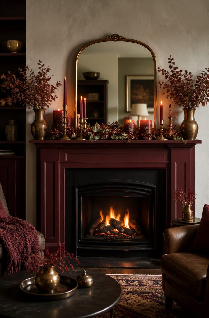 Mantel with rich red decorations and brass candlesticks.