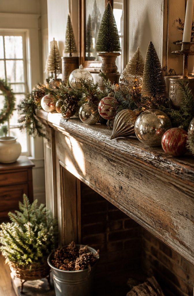 Mantel decorated with vintage ornaments and mercury glass.
