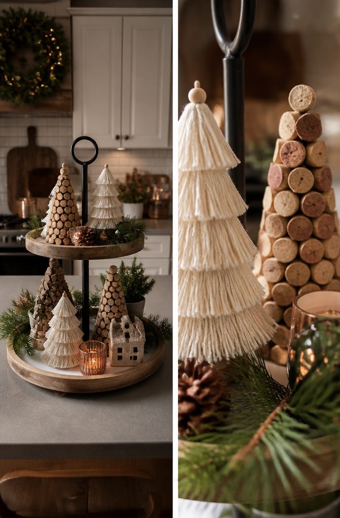 A tiered tray featuring DIY fringe ribbon trees and decorative pieces.