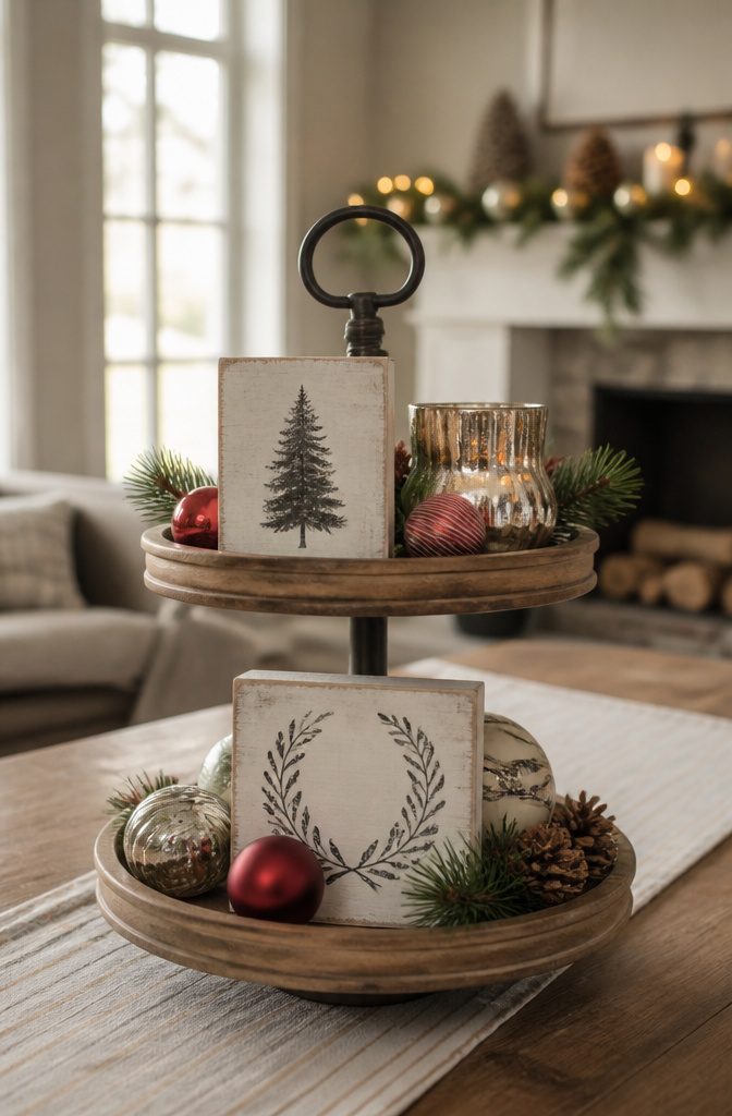 A tiered tray featuring small wooden holiday signs and ornaments.