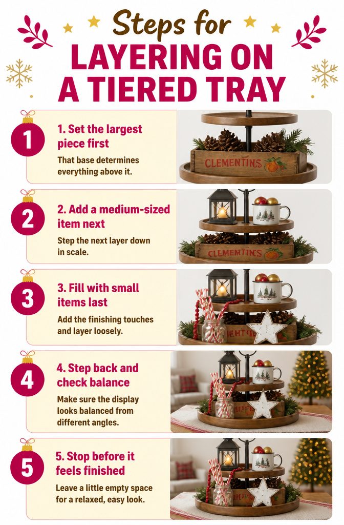 Steps for layering items by height and size on a tiered tray.