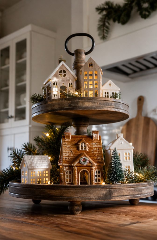 A tiered tray with miniature houses set as decorative anchors.