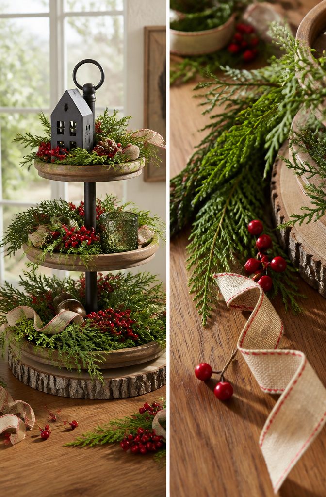 A tiered tray decorated with fresh cedar and holly sprigs.