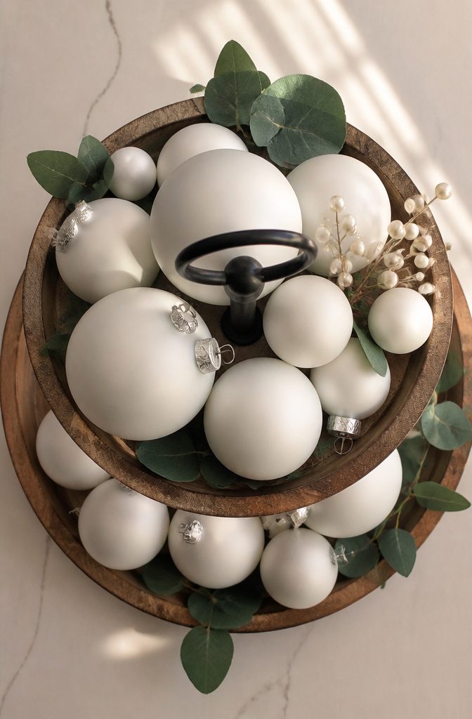 A tiered tray filled with matte white ornaments and a pearl spray.