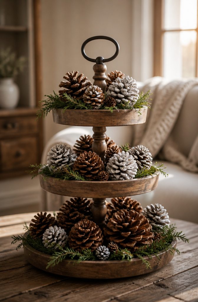 A tiered tray with pinecones and other decorative items.
