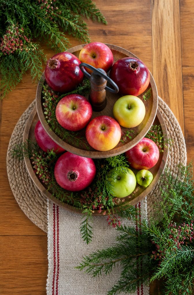 A tiered tray with fresh fruits, including pomegranates and apples.