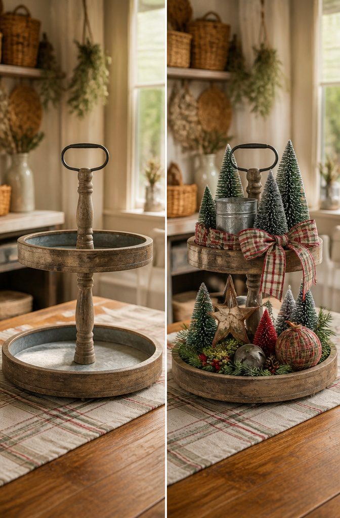 A tiered tray styled with a rustic theme and decorative items.