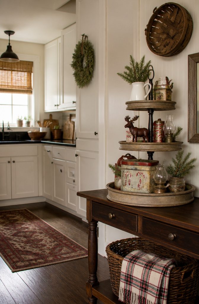 A tiered tray featuring vintage tins and decorative figurines.