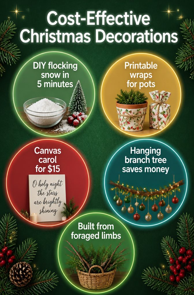 A display of budget-friendly Christmas decorations and DIY projects.