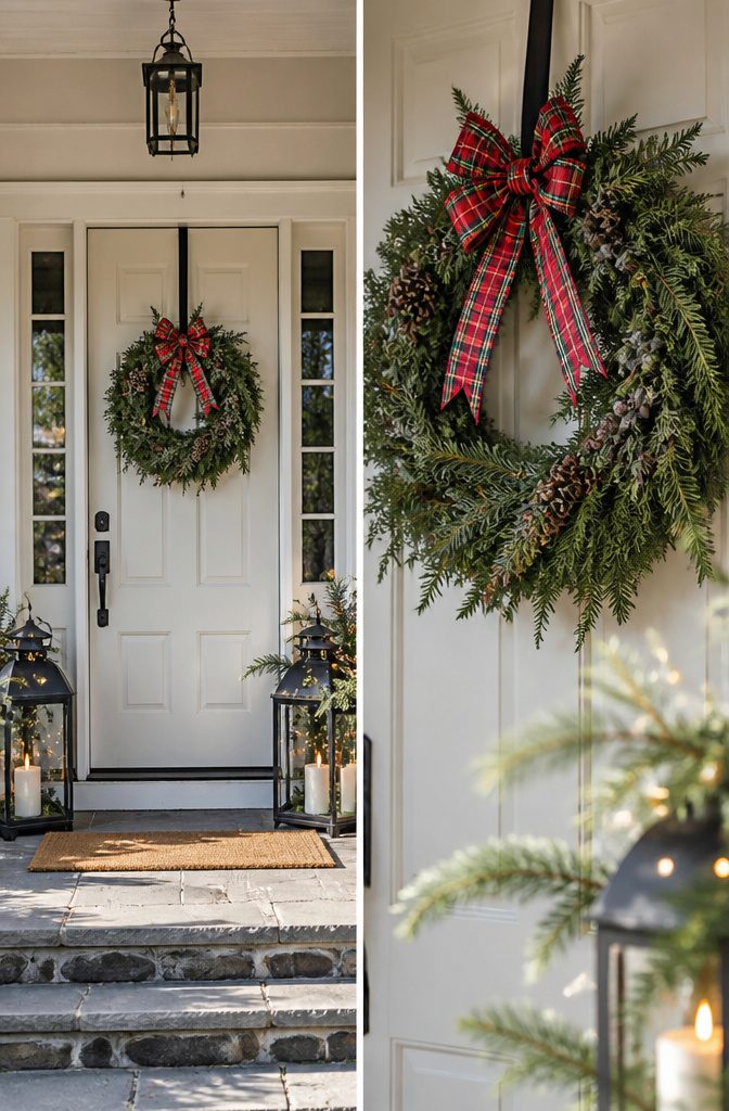A classic wreath hung on a door, showcasing greenery and ribbon.