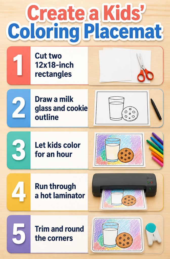 A DIY laminated placemat for kids featuring a cookie and milk design.
