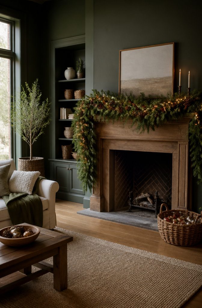 A beautifully decorated garland with lights on a mantel.
