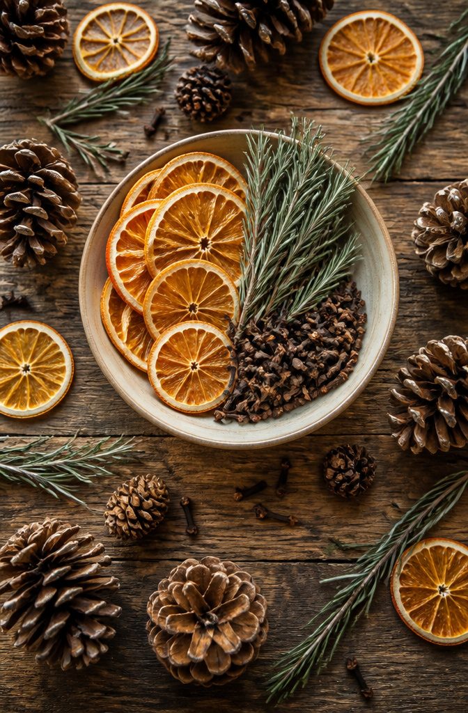 Natural elements like dried orange slices and pinecones arranged decoratively.