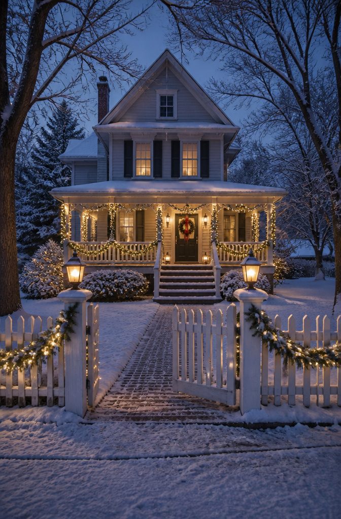 Outdoor Christmas decorations displayed in a winter setting.
