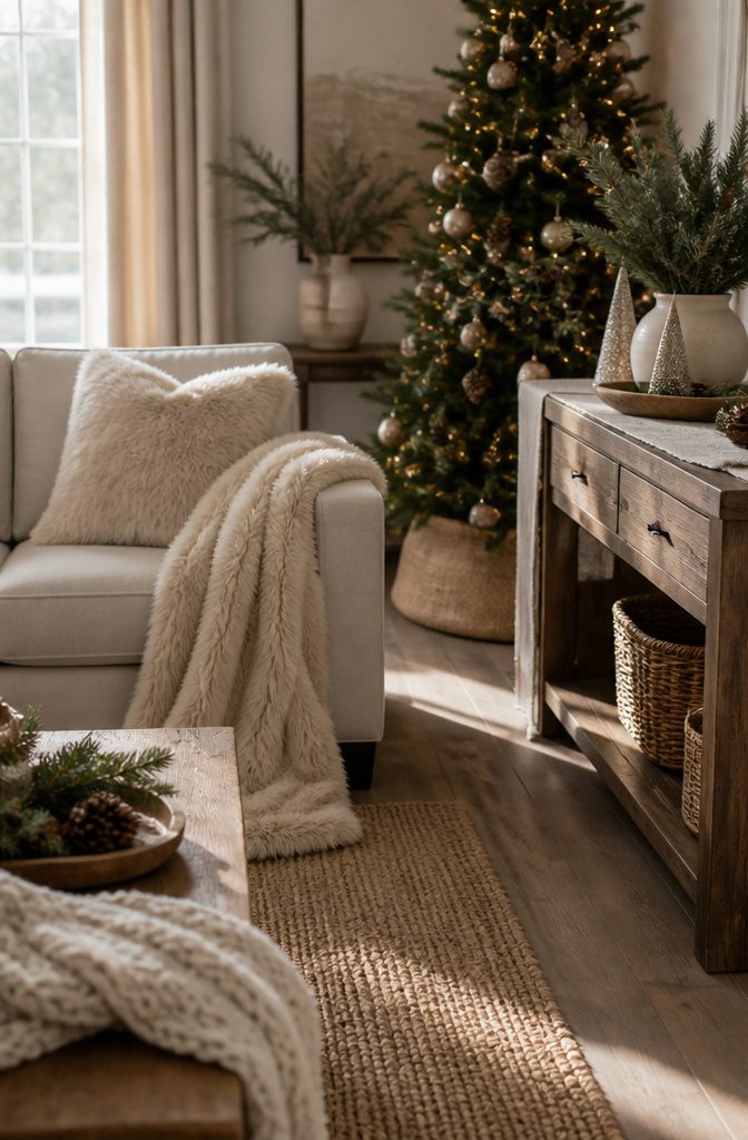 A cozy living room featuring various seasonal textures and decor.