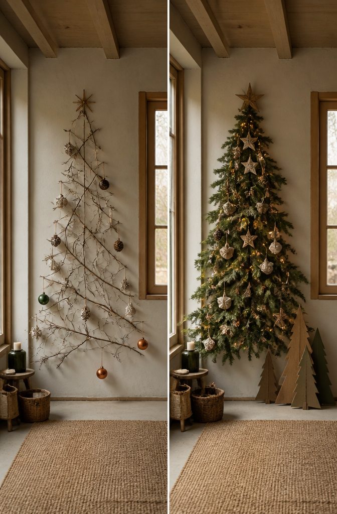 Branches arranged against a wall, decorated like a Christmas tree.