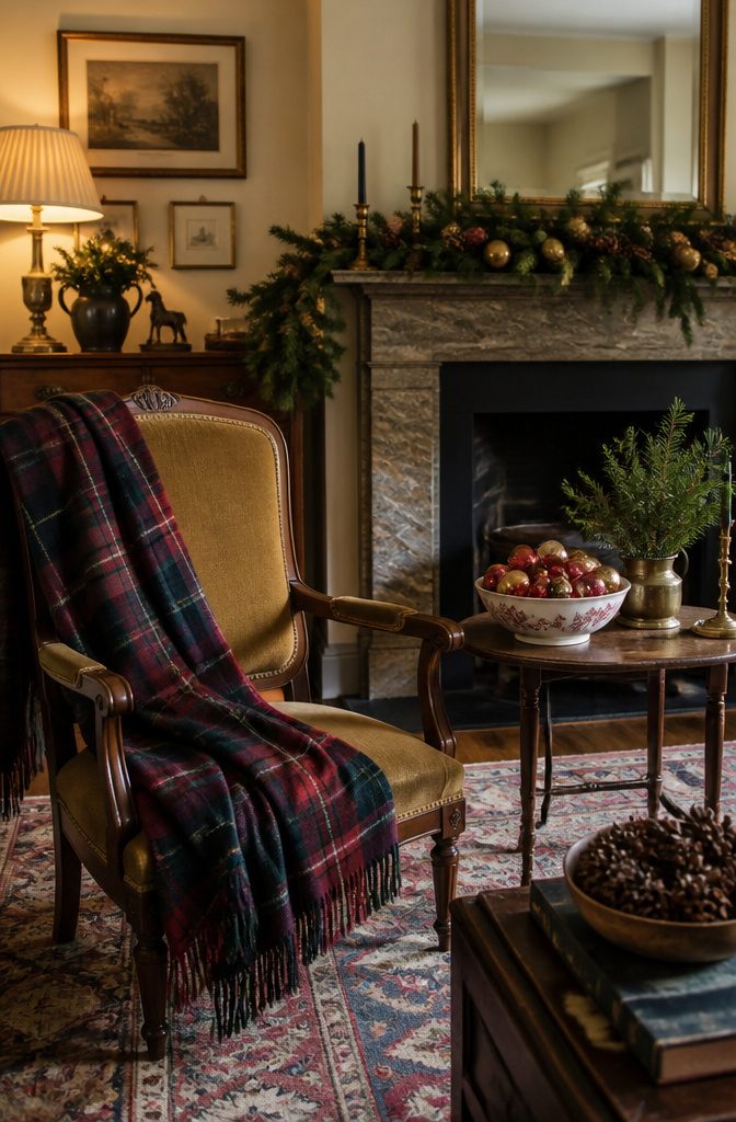 A living room featuring vintage decor and plaid accents for Christmas.