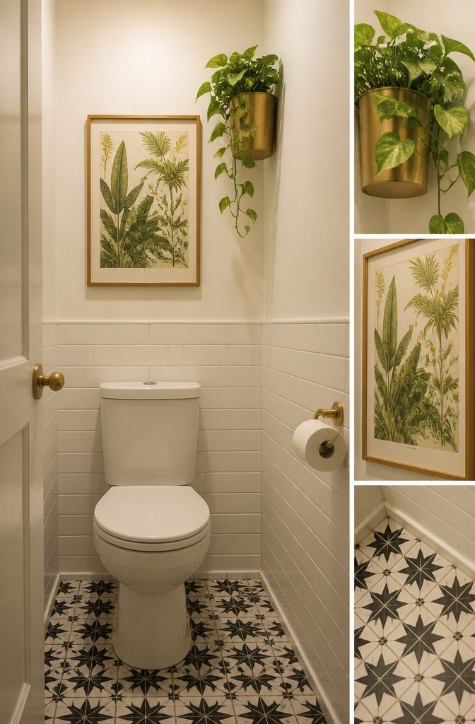 A framed print above the toilet in a closet toilet.