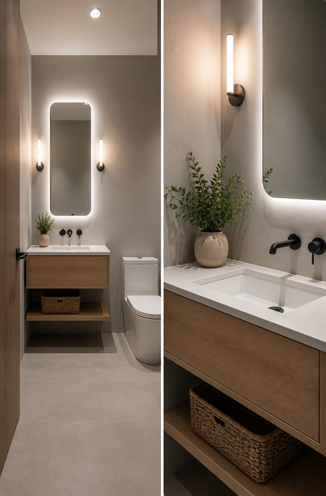A backlit mirror and sconces illuminating a closet toilet.