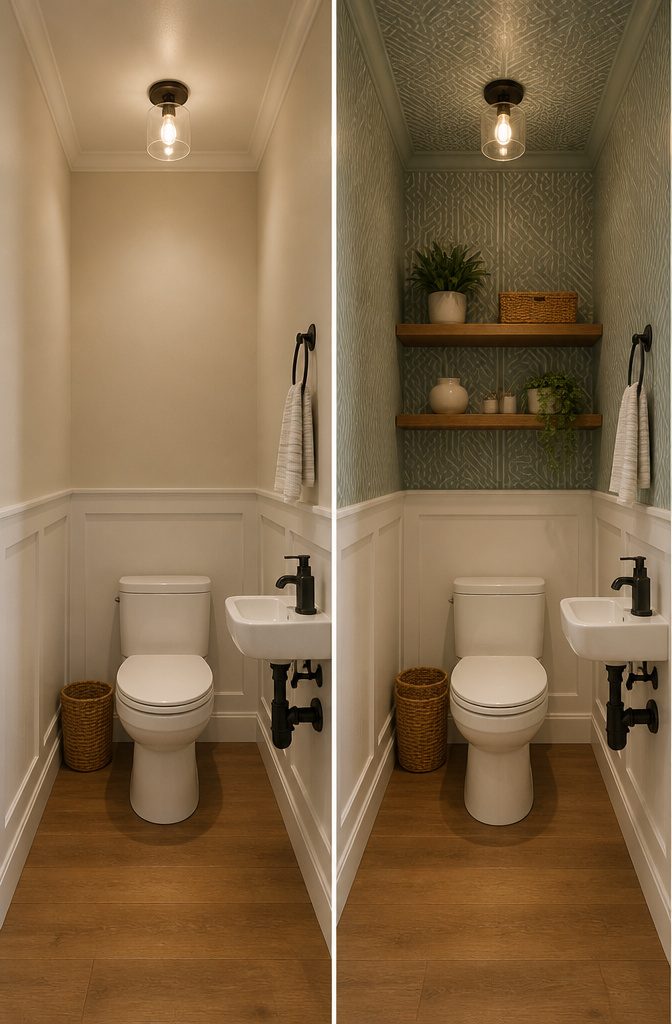 A closet toilet with a half-wall of Sage Gray paint and bold wallpaper.