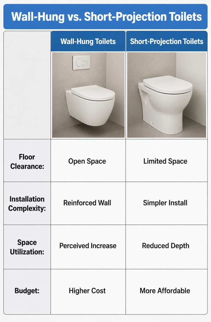 Comparison image of wall-hung and short-projection toilets.