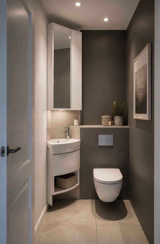 A corner basin installed in a small closet toilet.