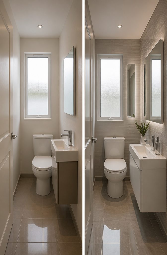 A closet toilet featuring two mirrors for increased light.