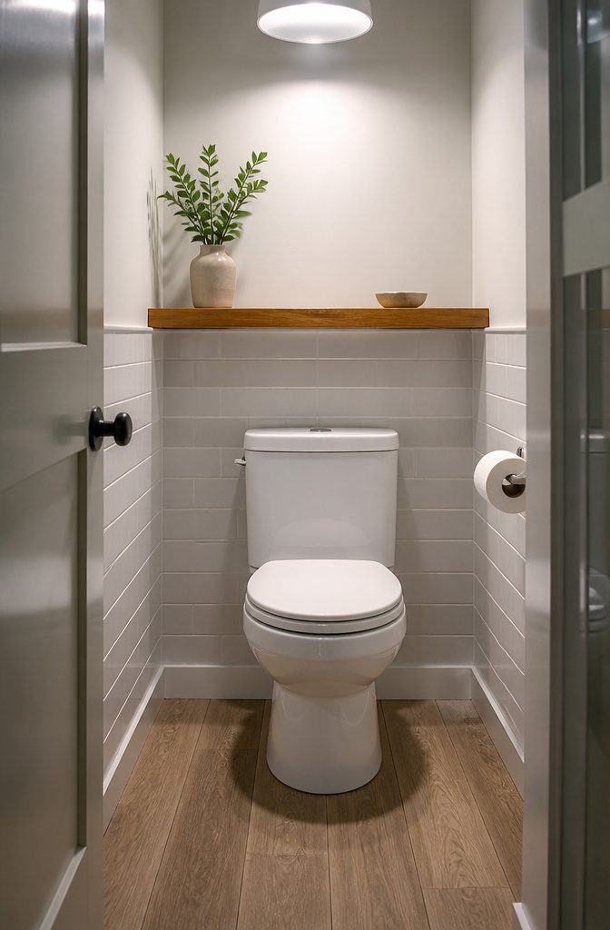 A sealed teak shelf above the toilet in a modern closet toilet.
