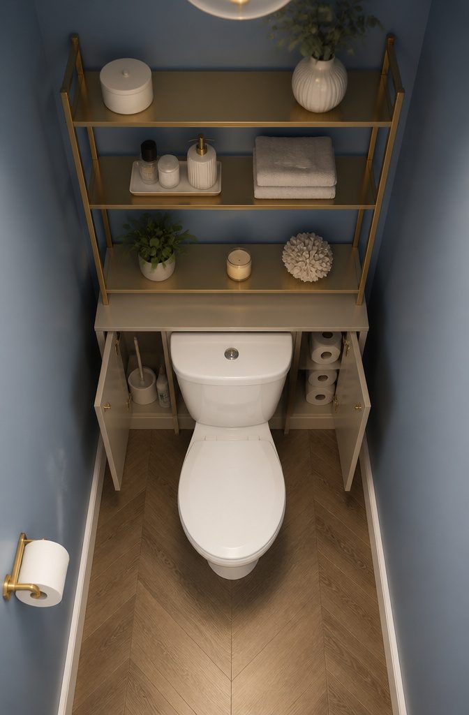 Wall-mounted shelving above a toilet in a small bathroom.