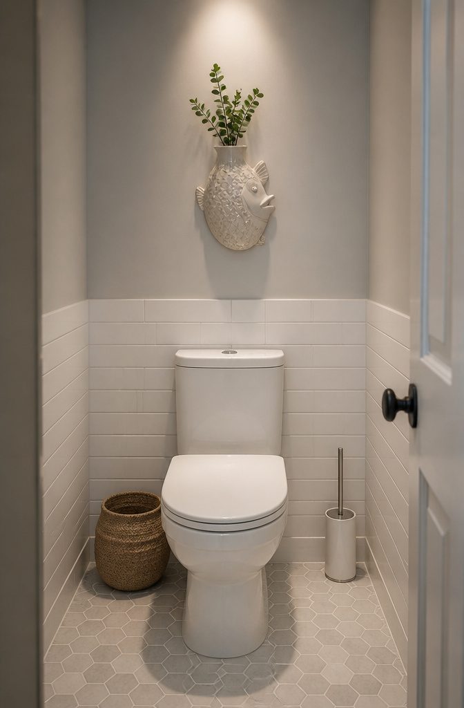 A ceramic wall vase and unique decor in a closet toilet.