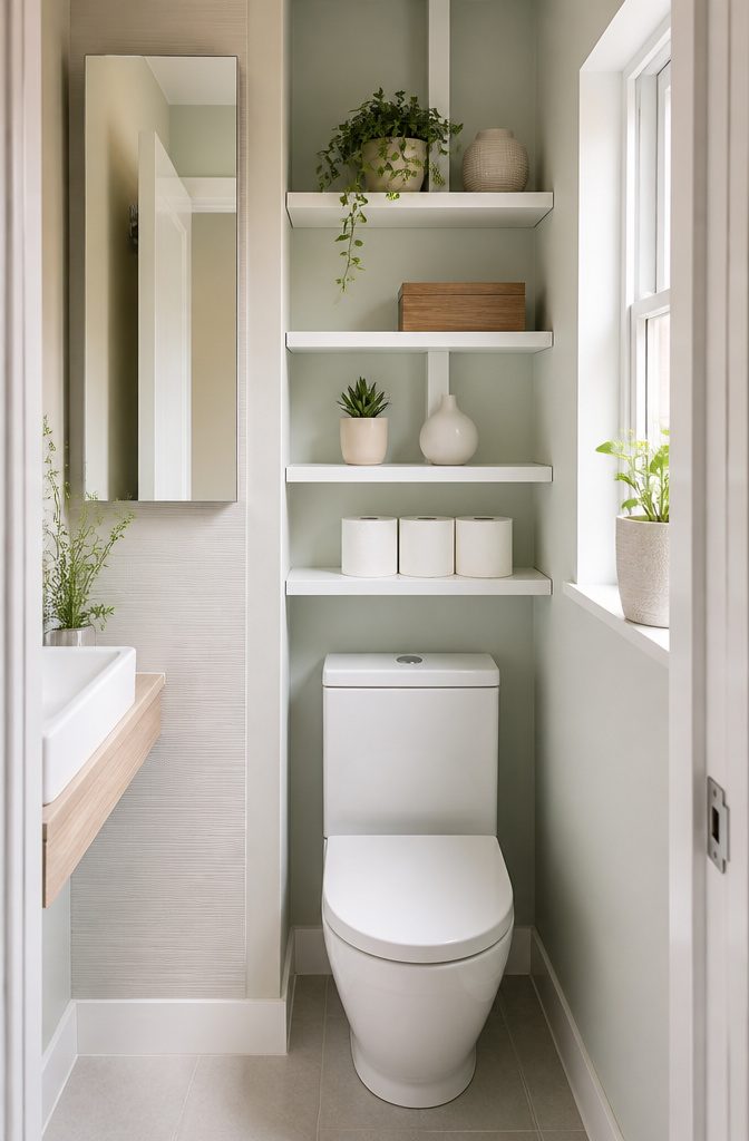 Tall, slim floating shelves and a mirrored cabinet in a closet toilet.
