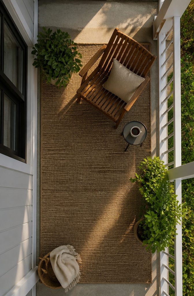 Small porch featuring a wall-to-wall rug and narrow side table.