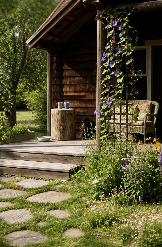 A leveled log serving as a side table on a porch.