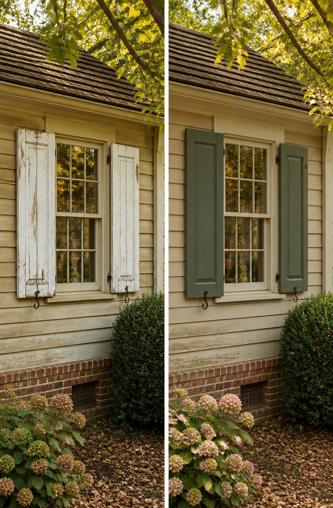 Sage-colored shutters and cream trim on a cozy house exterior.