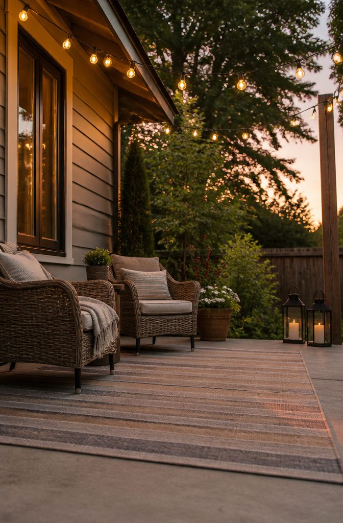 Outdoor rug and string lights on a concrete porch.