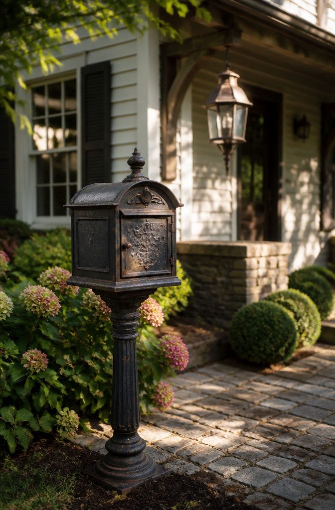 Cast iron mailbox and vintage aluminum porch light near a house entrance.