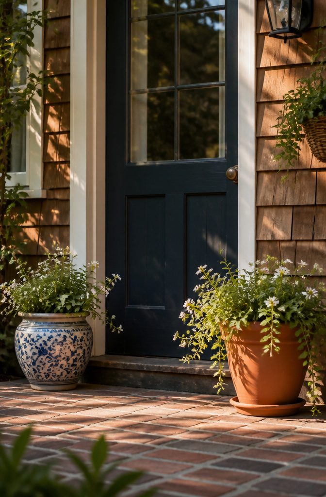 Two mismatched planters on either side of a cottage door.