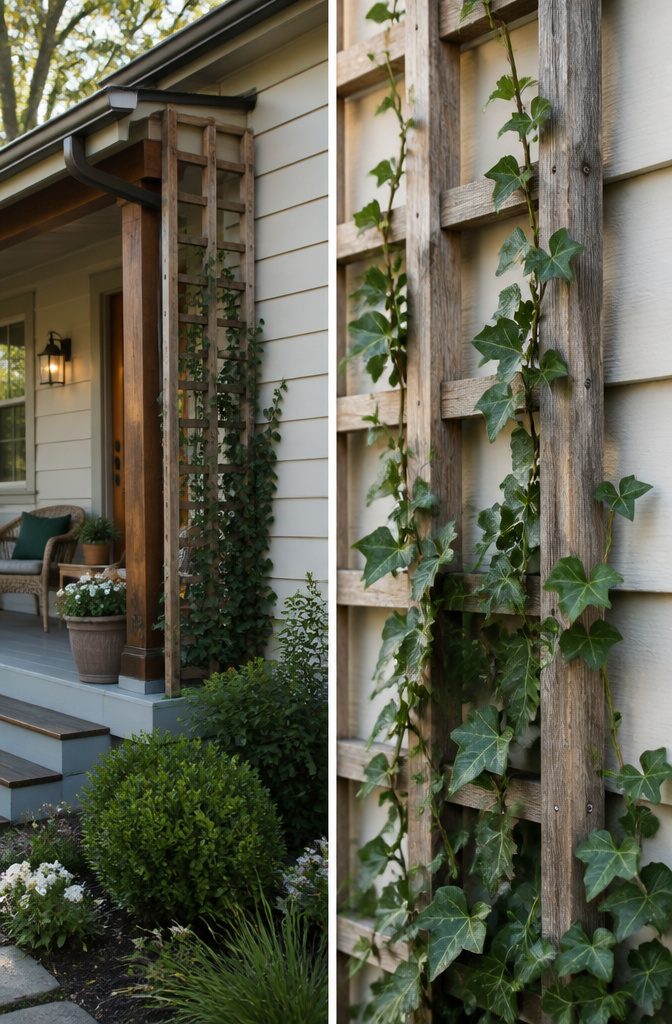 Cedar trellis with English ivy growing alongside a porch post.